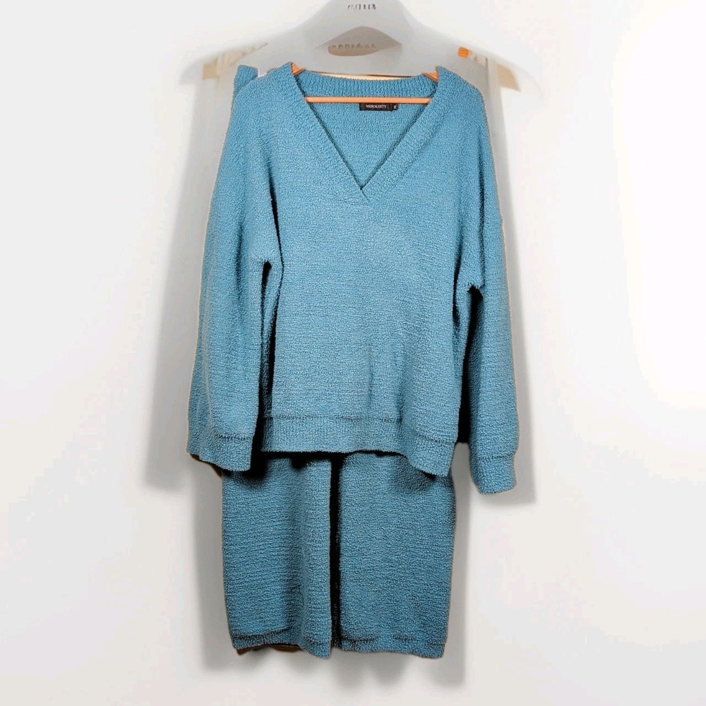 Women's Merokeety XL Leisure Pajama Set Fuzzy Blue Warm Soft Long Sleeve Pants